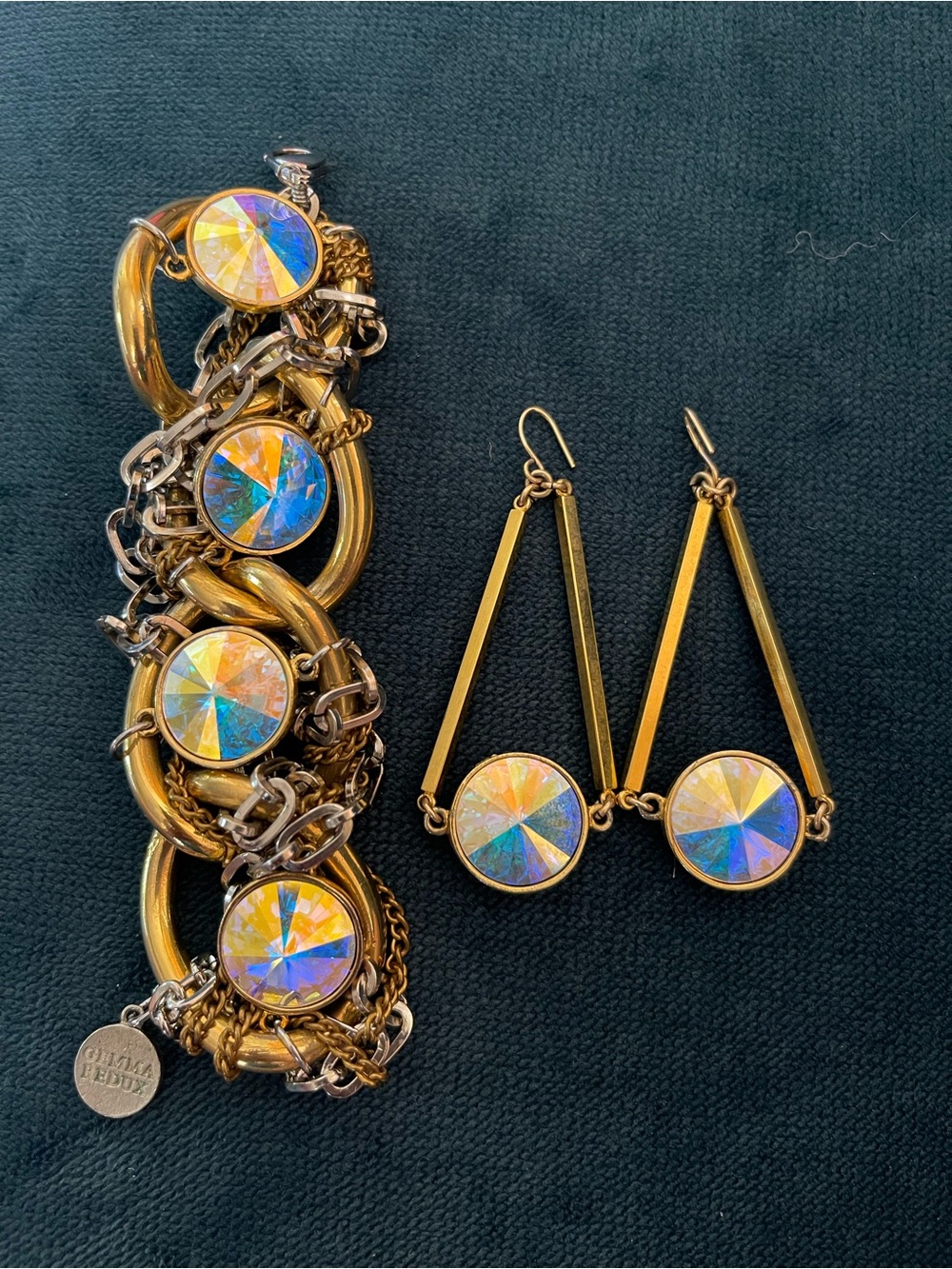 Gemma Redux Bracelet & Earrings Set AB Crystal Mixed Metal Statement Jewelry - Picture 3 of 5